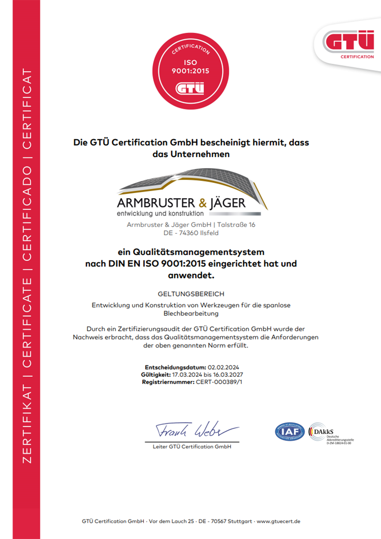 Zertifikat A&J Deutsch